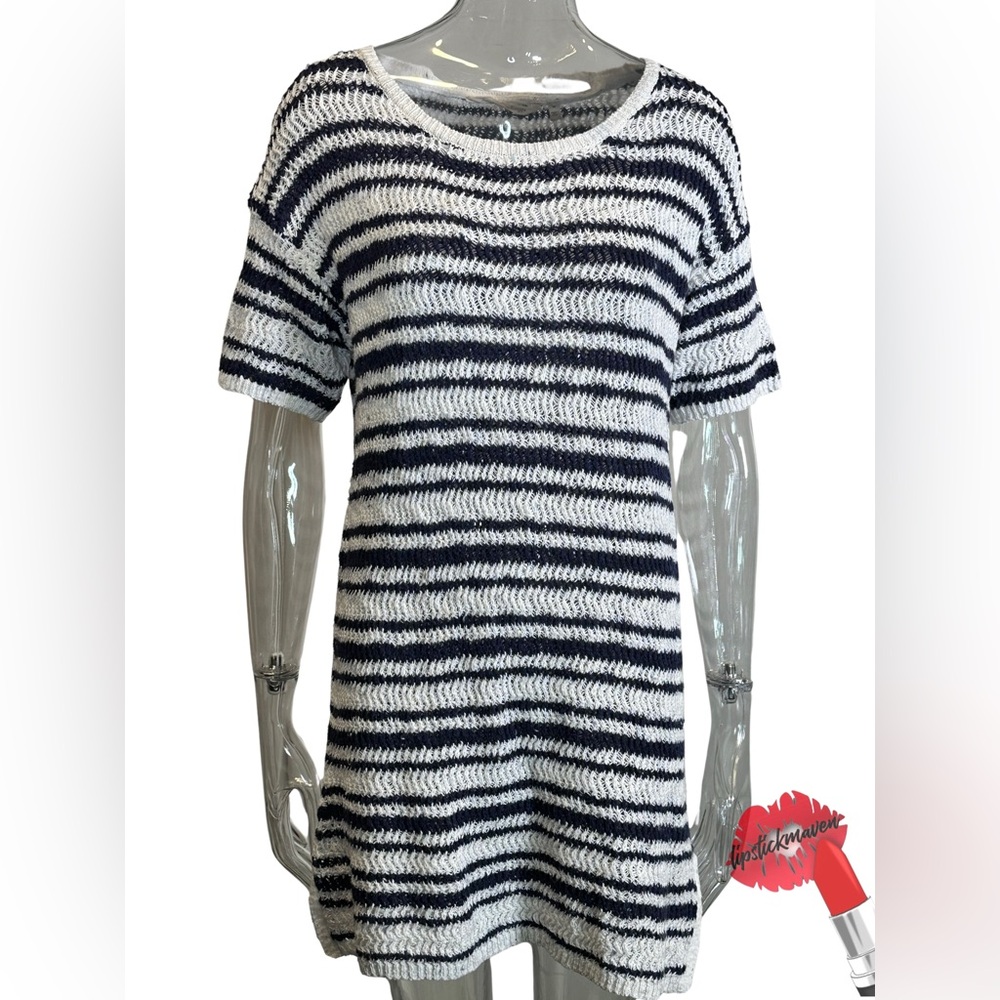 Soft Surroundings Cumulus Tunic Top Medium Blue White Knit Boho Costal Vacay NWT